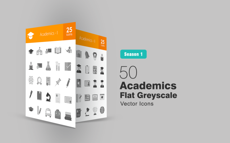 50 academici platte grijswaarden pictogramserie