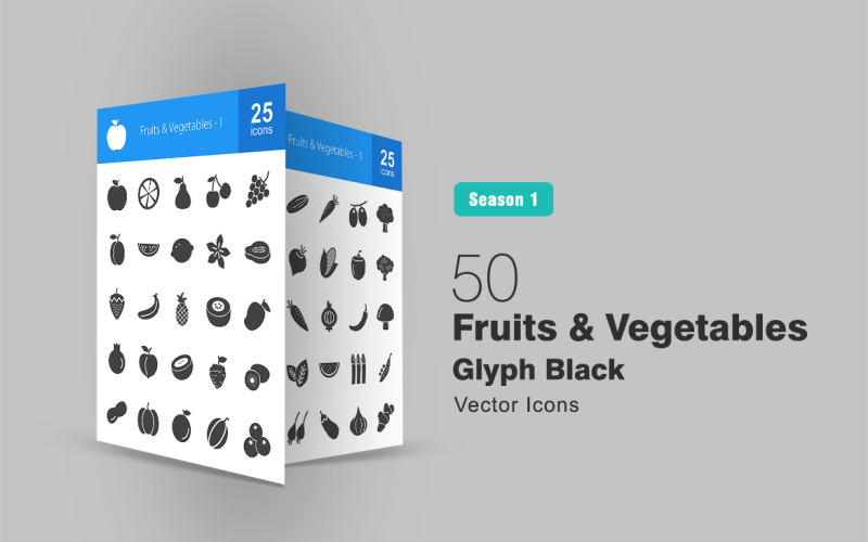Conjunto de iconos de glifos de 50 frutas y verduras