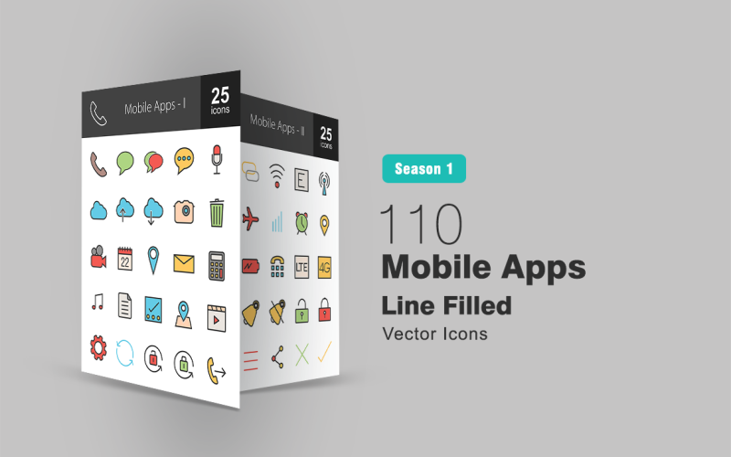 Conjunto de iconos de línea llena de 110 aplicaciones móviles