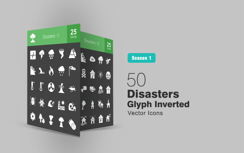 Download Набор иконок "50 Disasters Glyph Inverted Icon Set" / 50 Disasters Glyph Inverted Icon Set - Набор иконок на тему графика disaster,icon,earthquake,lightning,rain,hurricane,landslide,storm,fire,snow,volcano,epidemic,floods,drought,tsunami,cyclone,toxicity,thunderstorm,fuel,leakage