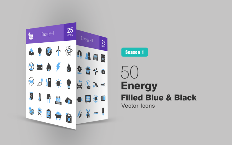 Download Набор иконок "50 Energy Filled Blue & Black Icon Set" / 50 Energy Filled Blue & Black Icon Set - Набор иконок на тему графика energy icon science power electricity solar wind water temperature heat vehicle transport charge battery socket engine radiation oil iconbunny flat