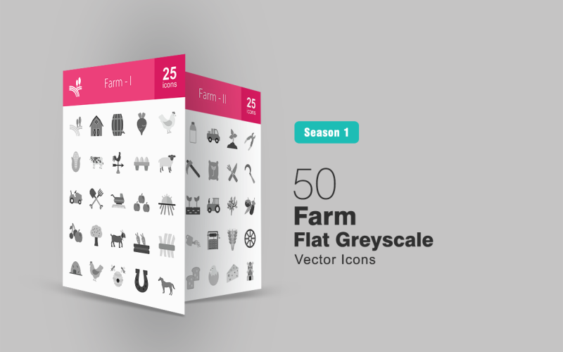 Ensemble d'icônes 50 Farm Flat Greyscale