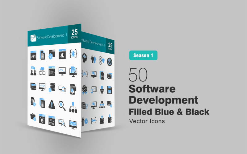 Ensemble d'icônes bleu et noir rempli de 50 développement logiciel