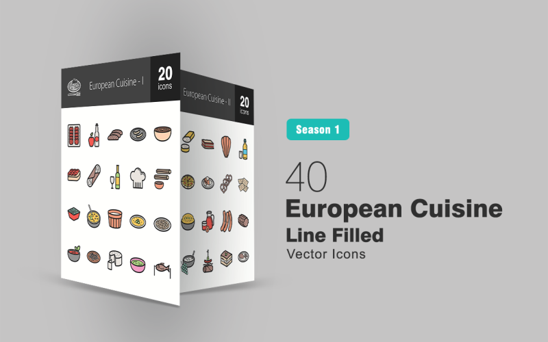 Download Набор иконок "40 European Cuisine Filled Line Icon Set" / 40 European Cuisine Filled Line Icon Set - Набор иконок на тему графика europe,icon,cuisine,food,cooking,european,apple,cider,wine,sausages,soup,bread,champagne,chef,coleslaw,salad,cream,cheese,fish,lasagne
