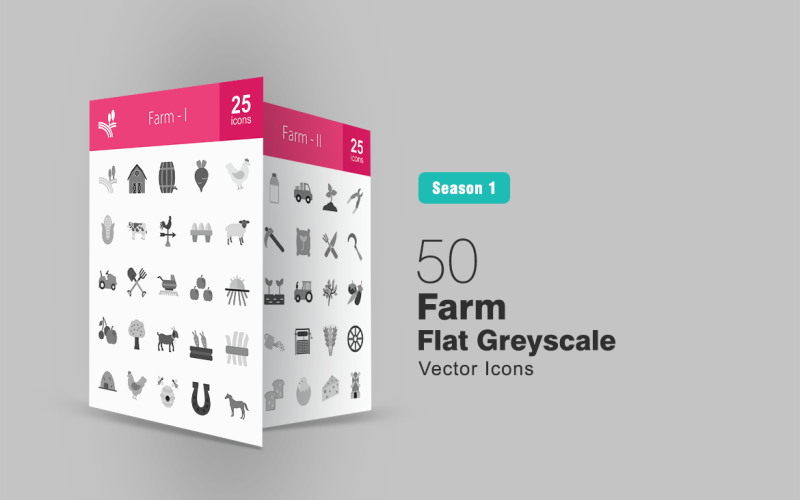 50 iconos planos en escala de grises de granja
