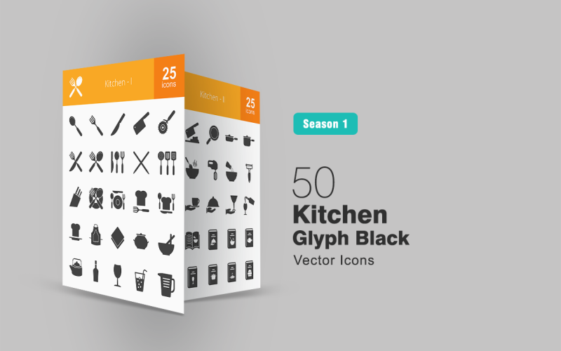 Download Набор иконок "50 Kitchen Glyph Icon Set" / 50 Kitchen Glyph Icon Set - Набор иконок на тему графика kitchen icon spoon fork knife plate chef apron napkin food kettle wine bottle glass drink pitcher pan cooking stove board