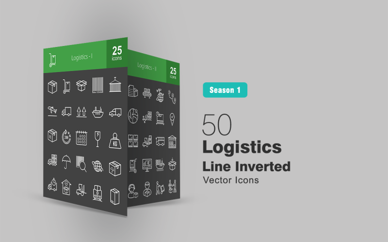 Download Набор иконок "50 Logistics Line Inverted Icon Set" / 50 Logistics Line Inverted Icon Set - Набор иконок на тему графика package icon logistics transport deliver box parcel flight truck ship car schedule weight broken packed lifter railway assembly line destination