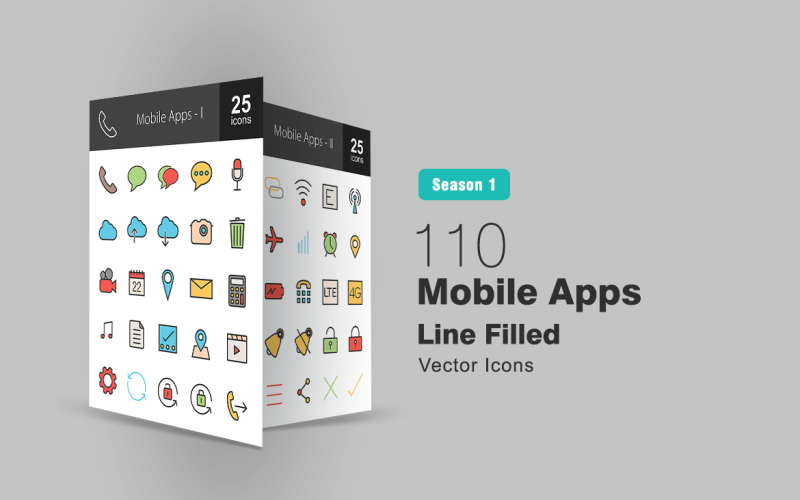 Download Набор иконок "110 Mobile Apps Filled Line Icon Set" / 110 Mobile Apps Filled Line Icon Set - Набор иконок на тему графика mobile apps icon camera calendar themes wallpaper gallery signals phone music messaging maps email downloads audio sounds technology iconbunny flat