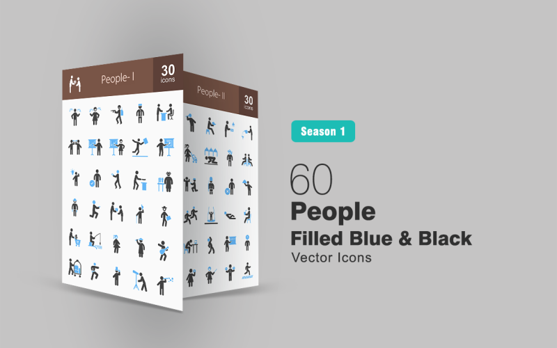 Download Набор иконок "60 People Filled Blue & Black Icon Set" / 60 People Filled Blue & Black Icon Set - Набор иконок на тему графика people,icon,human,soldier,waiter,boss,chef,chemist,cowboy,criminal,child,magician,man,girl,ninja,police,reading,presenting,jumping,saluting