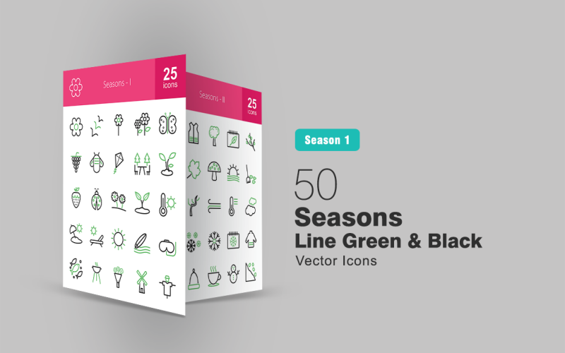 50 Seasons Line Grön & Svart Ikonuppsättning