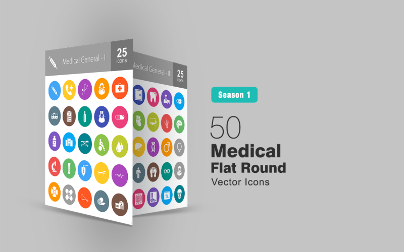 50 set di icone rotonde piatte mediche