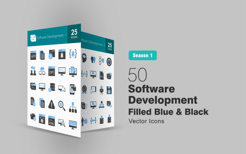 50 Software-Entwicklung Gefülltes blau-schwarzes Icon-Set