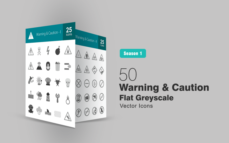 50 Waarschuwing & Let op platte grijswaarden icon set