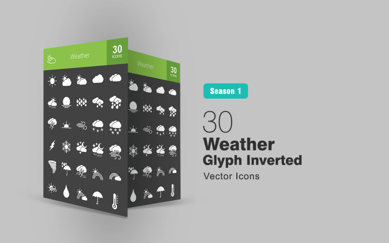 Download Набор иконок "30 Weather Glyph Inverted Icon Set" / 30 Weather Glyph Inverted Icon Set - Набор иконок на тему графика weather icon sun wind water cloud cloudy windy rain rainy cyclone umbrella snow snowflake thunderstorm thunder sky moon iconbunny flat