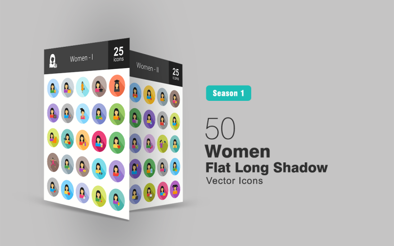 Download Набор иконок "50 Women Flat Long Shadow Icon Set" / 50 Women Flat Long Shadow Icon Set - Набор иконок на тему графика woman,icon,women,lady,female,girl,avatar,user,face,social,human,businesswoman,educated,working,stylish,sports,ladies,feminine,feminist,iconbunny