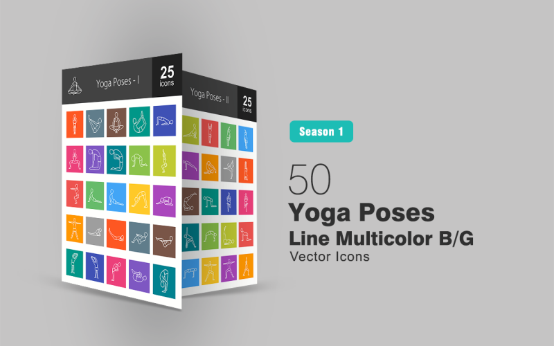 Download Набор иконок "50 Yoga Poses Line Multicolor B/G Icon Set" / 50 Yoga Poses Line Multicolor B/G Icon Set - Набор иконок на тему графика yoga,icon,pose,toes,bridge,buddhist,camel,cat,cobra,hare,extended,fish,boat,knee,press,lunge,mountain,plank,plow,headstand