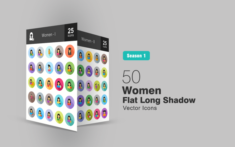 Zestaw ikon 50 kobiet płaski długi cień
