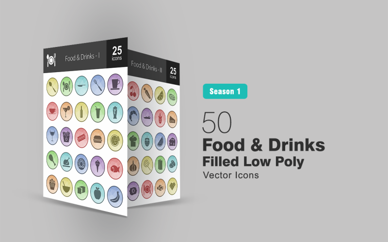 Download Набор иконок "50 Food & Drinks Filled Low Poly Icon Set" / 50 Food & Drinks Filled Low Poly Icon Set - Набор иконок на тему графика food icon drinks fruits vegetables snacks fastfood milk chicken meat kettle crockery spoon cup bottle dessert cheese breakfast iconbunny flat