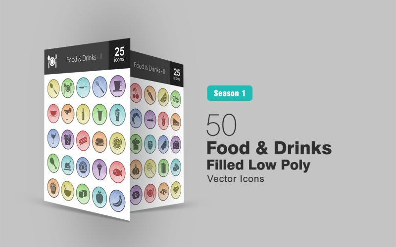 50 Food & Drinks Filled Low Poly Icon Set