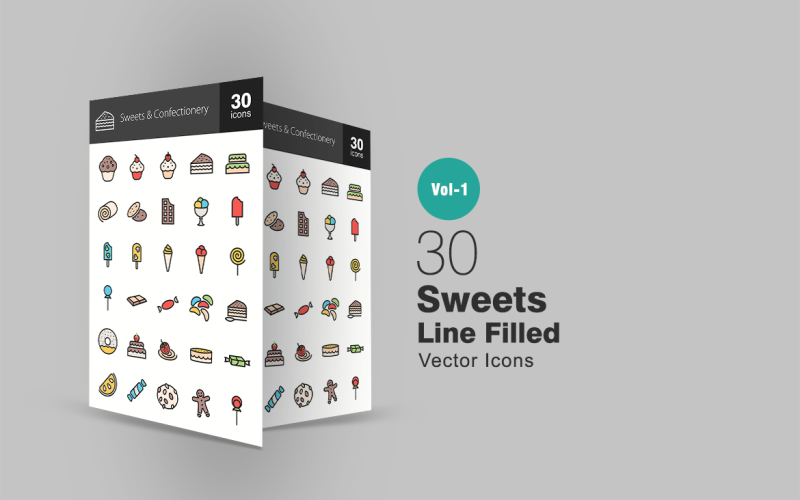 Download Набор иконок "30 Sweets & Confectionery Filled Line Icon Set" / 30 Sweets & Confectionery Filled Line Icon Set - Набор иконок на тему графика sweets icon dessert cake candy chocolate cherry cookie gingerbread icecream lolly jelly lollipop strawberry cupcake orange slice toffee swiss roll