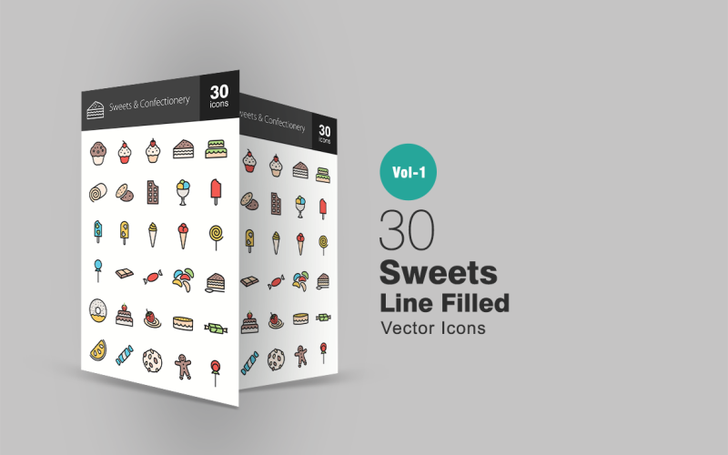 30种糖果和甜点填充线图标集