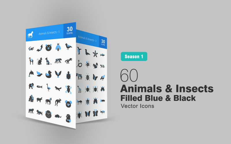 Download Набор иконок "60 Animals & Insects Filled Blue & Black Icon Set" / 60 Animals & Insects Filled Blue & Black Icon Set - Набор иконок на тему графика animals icon insects elephant snake horse lion bug fly butterfly sheep goat fish bird bee bear monkey frog iconbunny flat