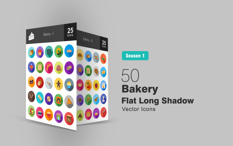 50 Bakery Flat Long Shadow Icon Set