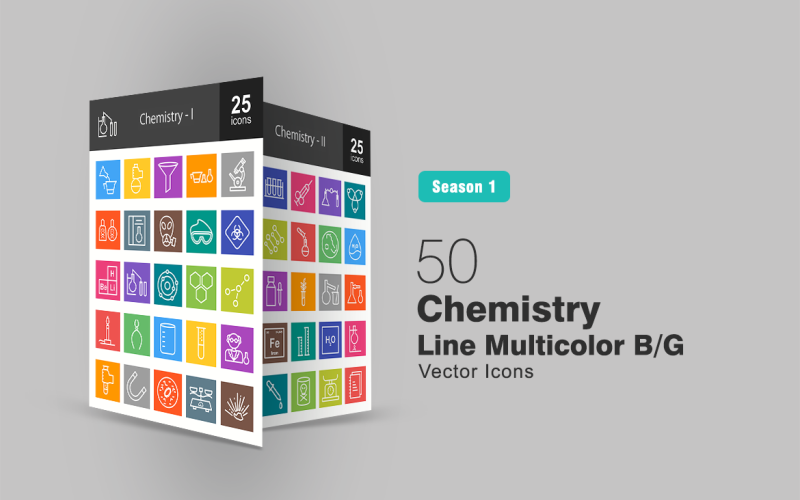 Download Набор иконок "50 Chemistry Line Multicolor B/G Icon Set" / 50 Chemistry Line Multicolor B/G Icon Set - Набор иконок на тему графика chemistry,icon,science,chemical,flask,funnel,microscope,poisonous,oxygen,mask,goggles,hazard,experiment,atom,structure,molecule,burner,tongs,beaker,scientist