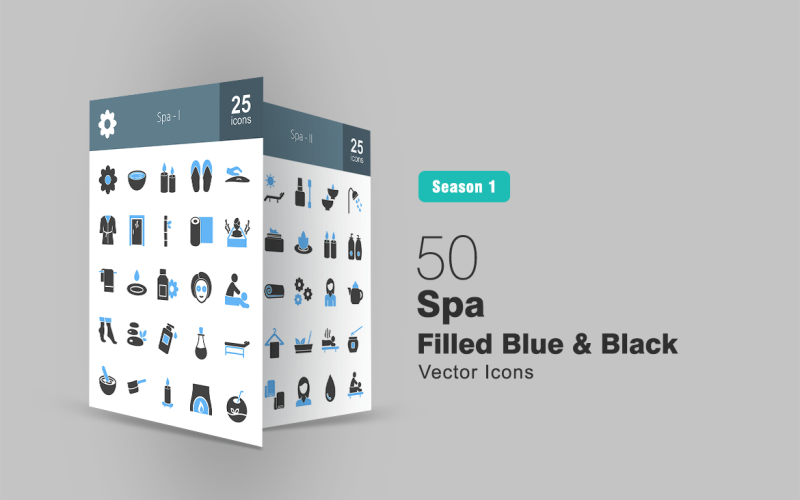 Conjunto de ícones 50 preenchidos em azul e preto para spa