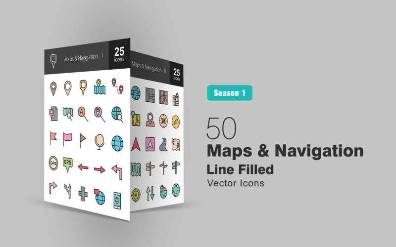 Conjunto de ícones de linha preenchida com 50 mapas e navegação