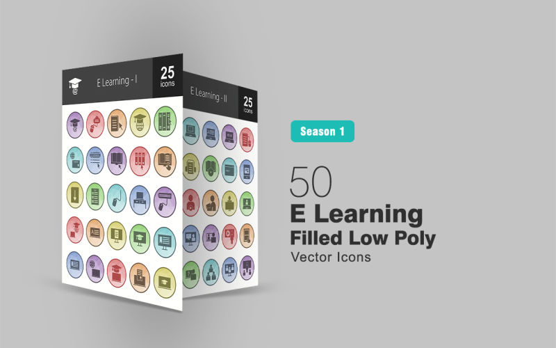 Download Набор иконок "50 E Learning Filled Low Poly Icon Set" / 50 E Learning Filled Low Poly Icon Set - Набор иконок на тему графика learning,icon,education,online,notes,book,degree,files,certificate,download,test,mouse,laptop,study,lectures,read,exam,grade,textbook,classroom