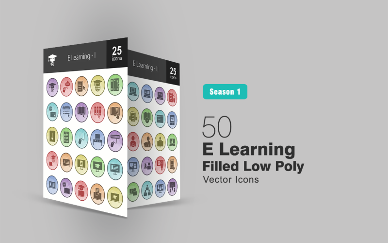 50 E Learning Filled Low Poly Icon Set