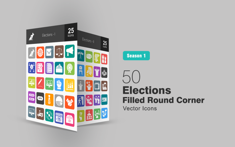 Download Набор иконок "50 Elections Filled Round Corner Icon Set" / 50 Elections Filled Round Corner Icon Set - Набор иконок на тему графика elections icon vote sticker announcement candidate statistics ballot paper casting power option handshake graph campaign stars election day box banner