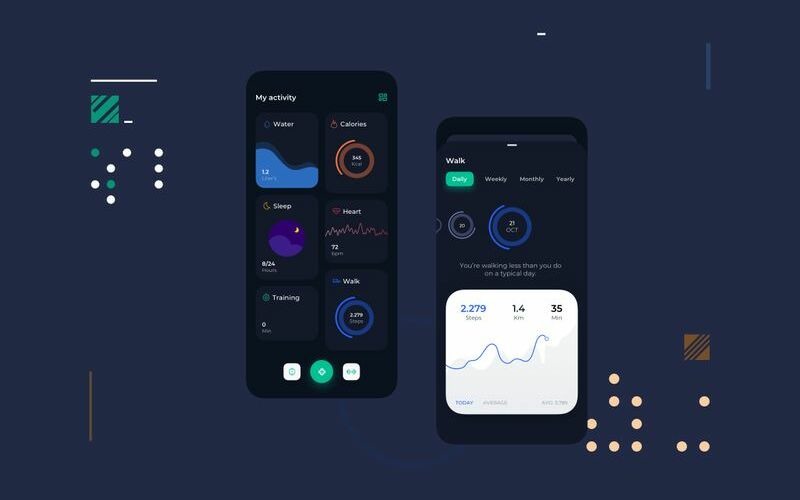 Download Sketch шаблон "Health Avtivities Darkmode Mobile UI Sketch Template" / Health Avtivities Darkmode Mobile UI Sketch Template - Sketch шаблон на тему графика 