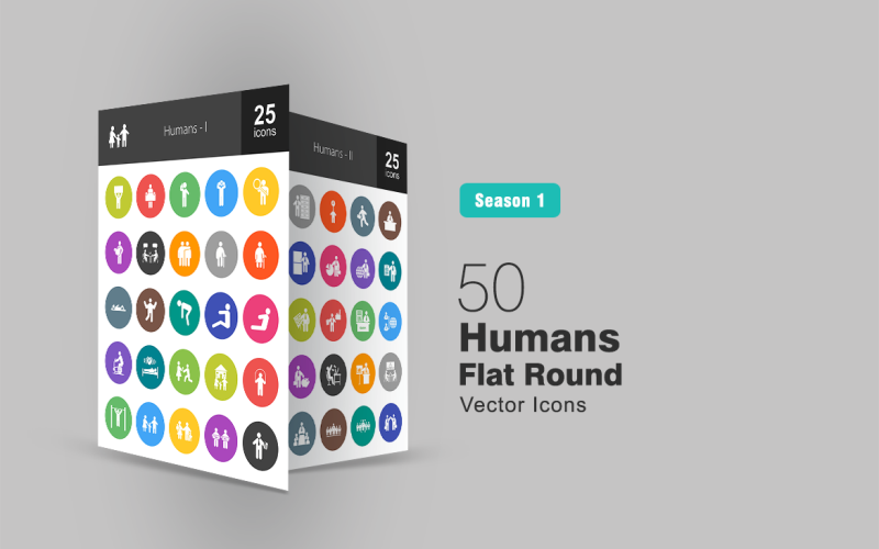 50 Humans Flat Round Icon Set