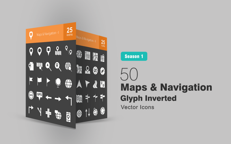 50 kaarten en navigatie Glyph omgekeerde pictogramserie