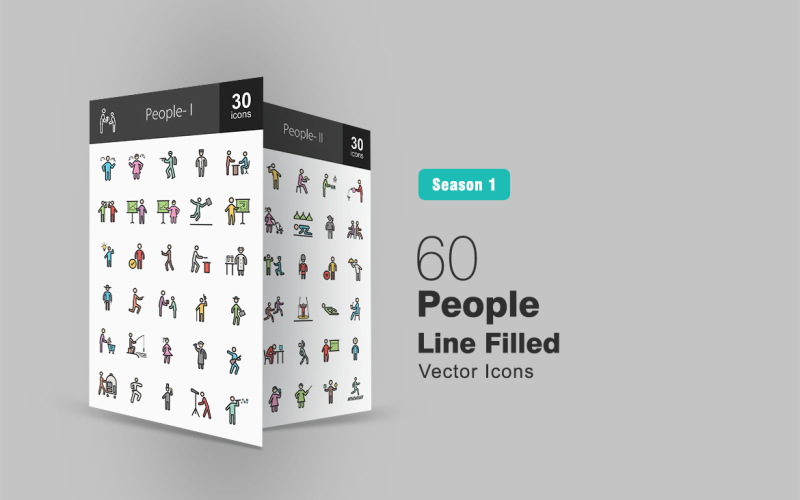 Download Набор иконок "60 People Filled Line Icon Set" / 60 People Filled Line Icon Set - Набор иконок на тему графика people,icon,human,soldier,waiter,boss,chef,chemist,cowboy,criminal,child,magician,man,girl,ninja,police,reading,presenting,jumping,saluting