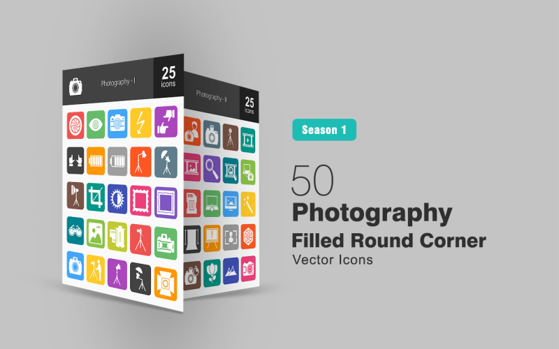 Download Набор иконок "50 Photography Filled Round Corner Icon Set" / 50 Photography Filled Round Corner Icon Set - Набор иконок на тему графика photography icon photo camera flash focus battery light crop contrast frame glasses image film photographer picture edit zoom iconbunny