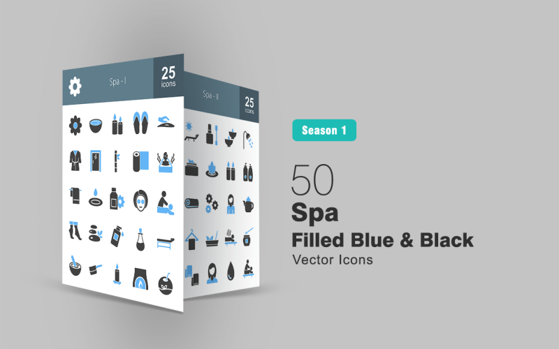 Download Набор иконок "50 Spa Filled Blue & Black Icon Set" / 50 Spa Filled Blue & Black Icon Set - Набор иконок на тему графика spa icon flower cream candles slippers massage towel steam mat water scent mask stones bed herbal sunbathing perfume leaves kettle