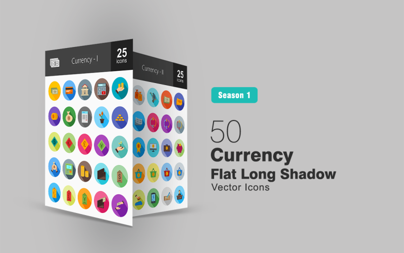 50 valuta platte lange schaduw Icon Set