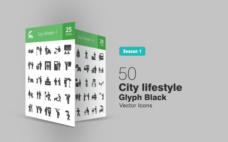 50 városi életmód Glpyh ikon készlet
