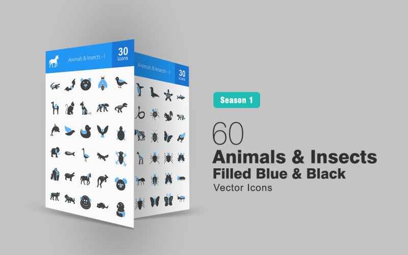 60 zwierząt i owadów wypełnionych niebieski i czarny zestaw ikon