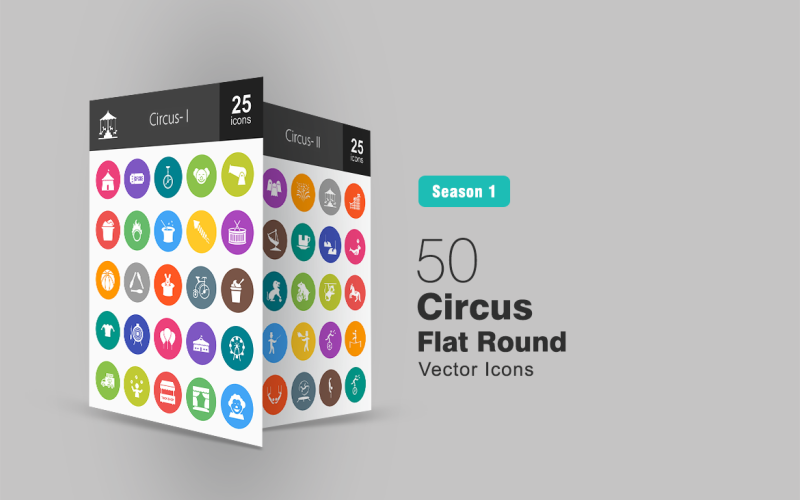 Download Набор иконок "50 Circus Flat Round Icon Set" / 50 Circus Flat Round Icon Set - Набор иконок на тему графика circus,icon,tent,clown,popcorn,fire,hoop,magic,drums,rabbit,bicycle,icecream,dartboard,ferris,wheel,juggling,tuck,shop,castle,ghost