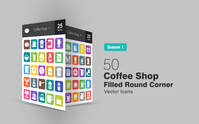 Download Набор иконок "50 Coffee Shop Filled Round Corner Icon Set" / 50 Coffee Shop Filled Round Corner Icon Set - Набор иконок на тему графика coffee,icon,shop,cup,mug,blender,hot,chocolate,shake,muffin,milk,sugar,toast,doughnut,cookie,tea,spoon,syrup,kettle,cream