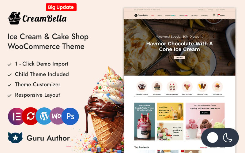 CreamBella – Responsives Elementor WooCommerce-Theme für Eiscreme-Shops