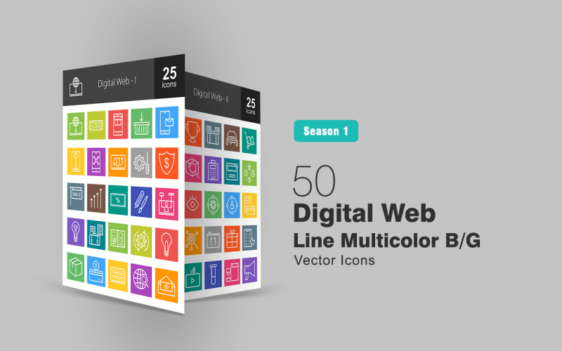 Download Набор иконок "50 Digital Web Line Multicolor B/G Icon Set" / 50 Digital Web Line Multicolor B/G Icon Set - Набор иконок на тему графика digital icon web commerce currency shopping emails keywording mobile marketing synchronization services insurance sale revenue discount design idea user experience