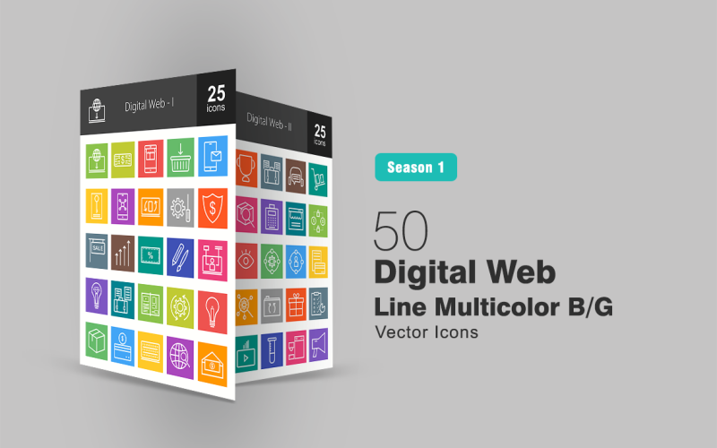 50 digitale weblijn Multicolor B / G Icon Set