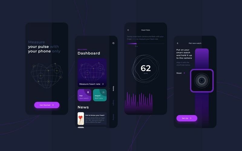 Download Sketch шаблон "Heart Rate Measurement Dark Mode UI Sketch Template" / Heart Rate Measurement Dark Mode UI Sketch Template - Sketch шаблон на тему графика 