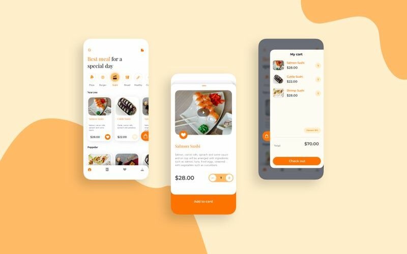 Їжа та доставка UI мобільний набір ескіз шаблон