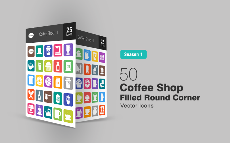 50 kávézó töltött kerek sarok ikon készlet